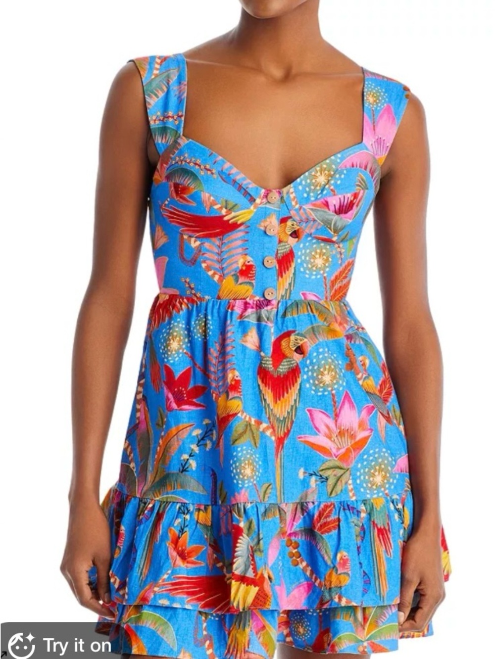 FARM Rio Blue macaw Print party Mini Dress